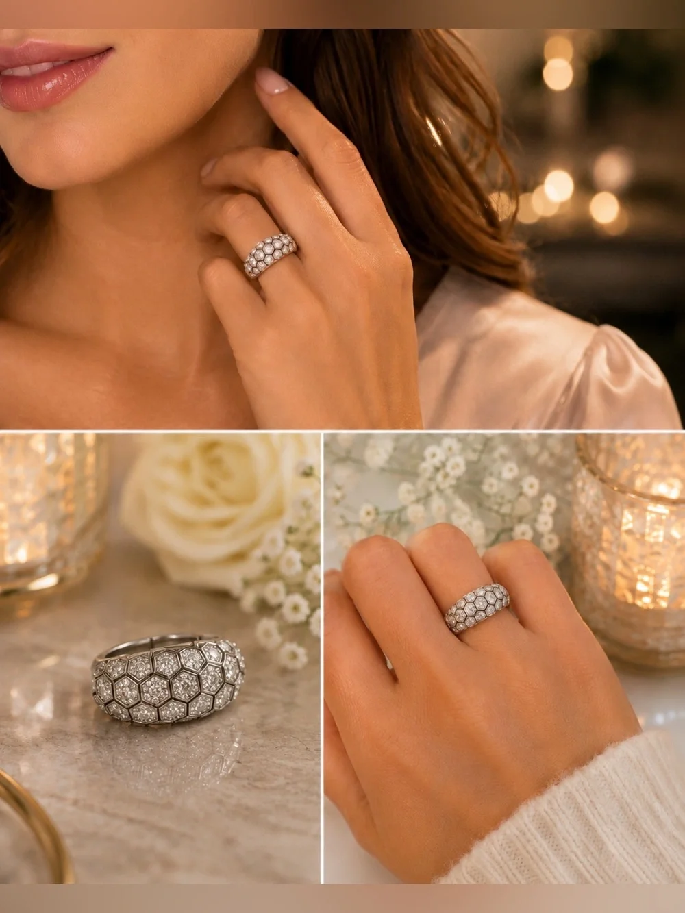 Adjustable Silver Crystal Bling Ring | Glam Statement Cocktail Ring | Sparkle